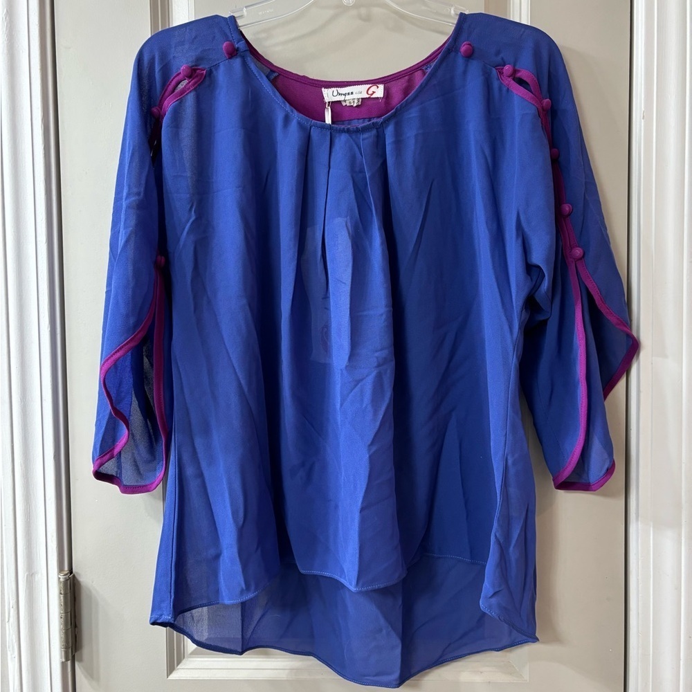 Umgee Royal Blue Blouse with Fuchsia Trim